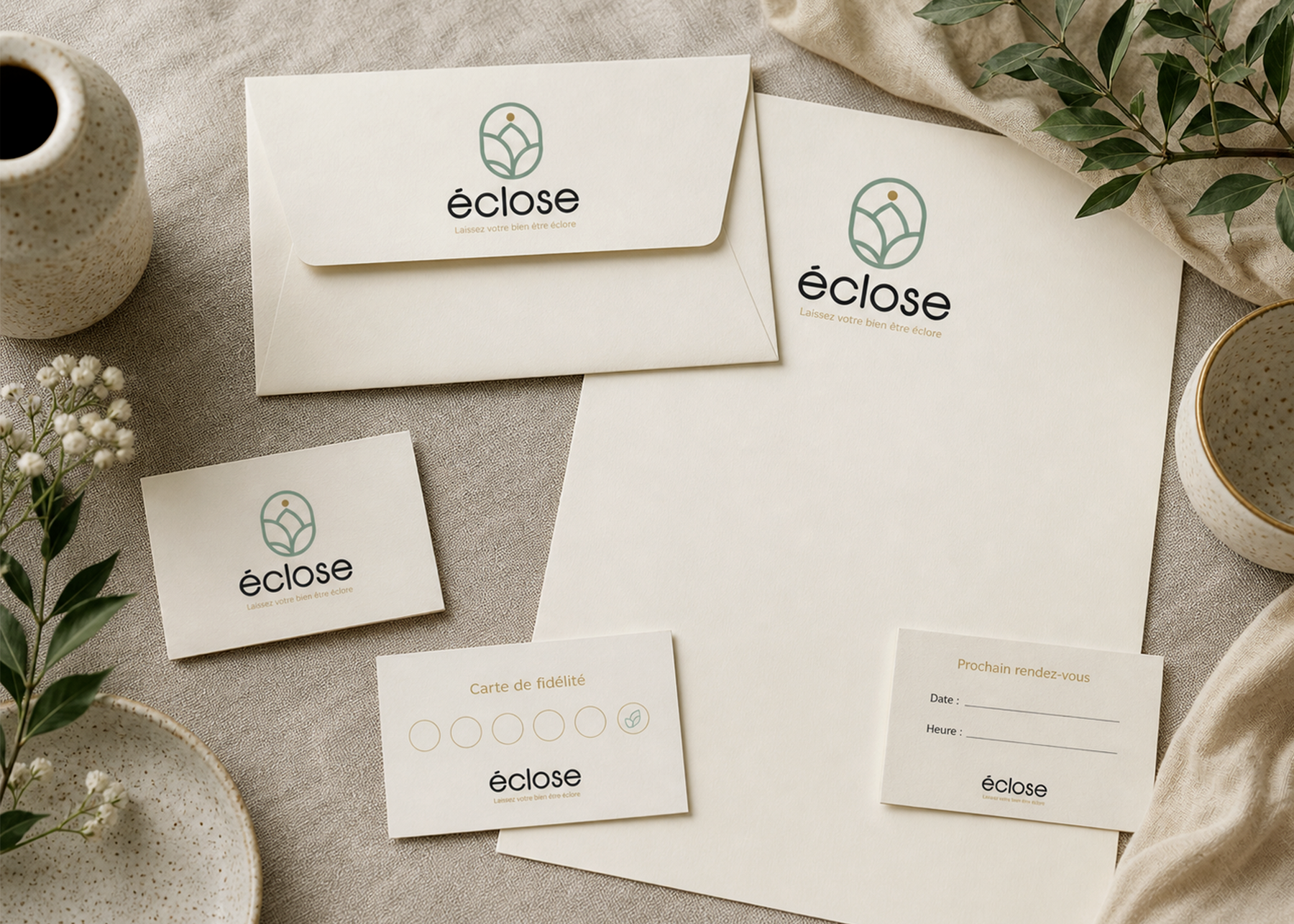 Papeterie de la marque Éclose : enveloppes, cartes de visite et documents administratifs