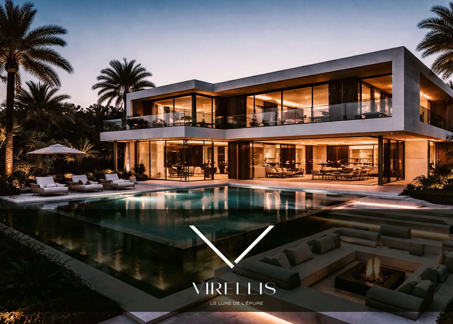 Villa contemporaine à la tombée du jour, signature VIRELLIS apposée sur la façade
